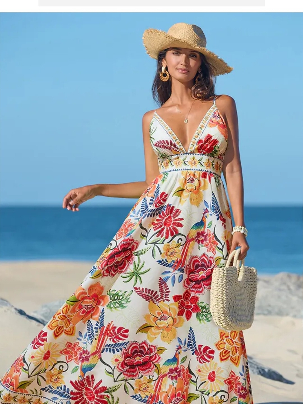 NWT Floral V-Neck Maxi Dress in White with Multicolor Blooms, Sleeveless